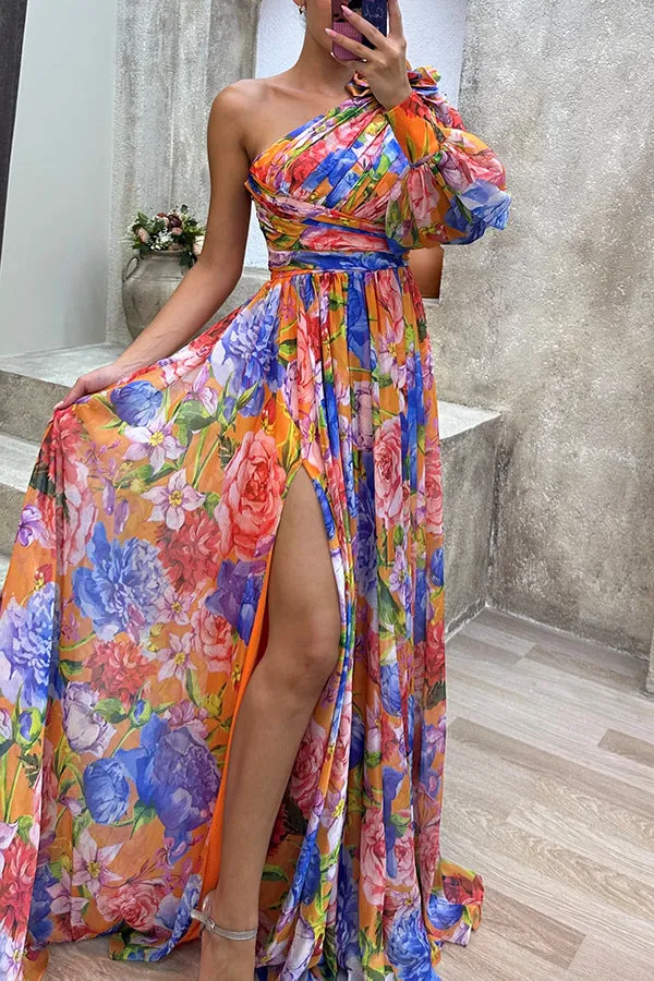 Casual Split Dress Loose Multi Color Oblique One Shoulder Dress