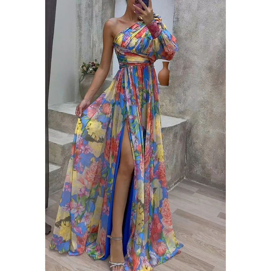 Casual Split Dress Loose Multi Color Oblique One Shoulder Dress