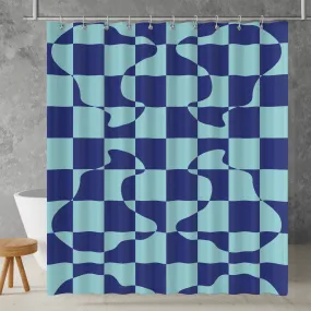 Checkered Shower Curtain: Blue Cyan Abstract Geometric Minimalist Aesthetic, Machine Washable, Lightweight Polyester, Water & Mildew Resistant, Multiple Sizes with Hooks