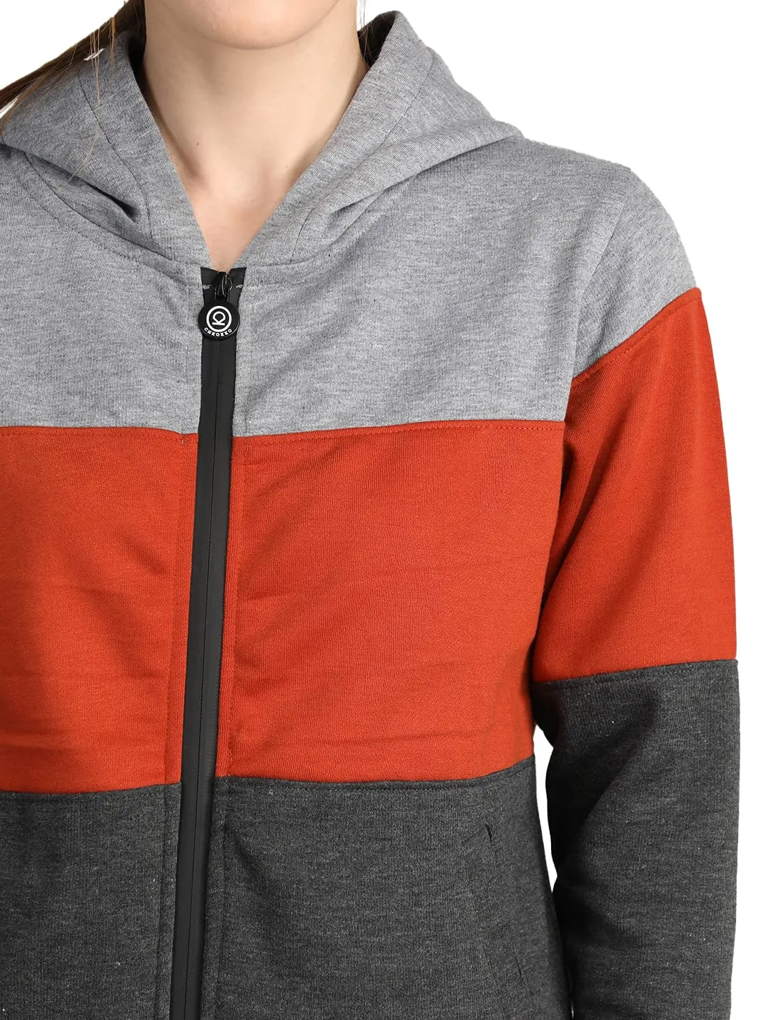 CHKOKKO Women Winter Sports Zipper Hooded Stylish Jacket LightGrey Orange DarkGrey XL