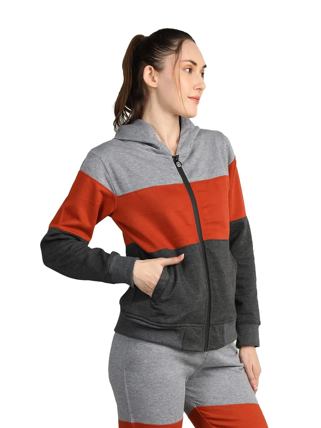 CHKOKKO Women Winter Sports Zipper Hooded Stylish Jacket LightGrey Orange DarkGrey XL