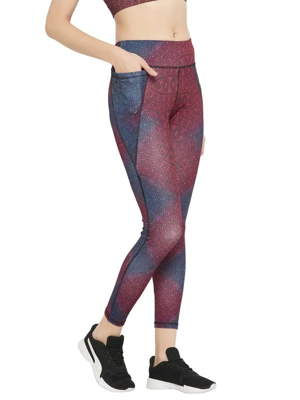 Clovia Women's Snug Fit High Rise Printed Active Tights (AB0042H19_Multi_S) Multicolour