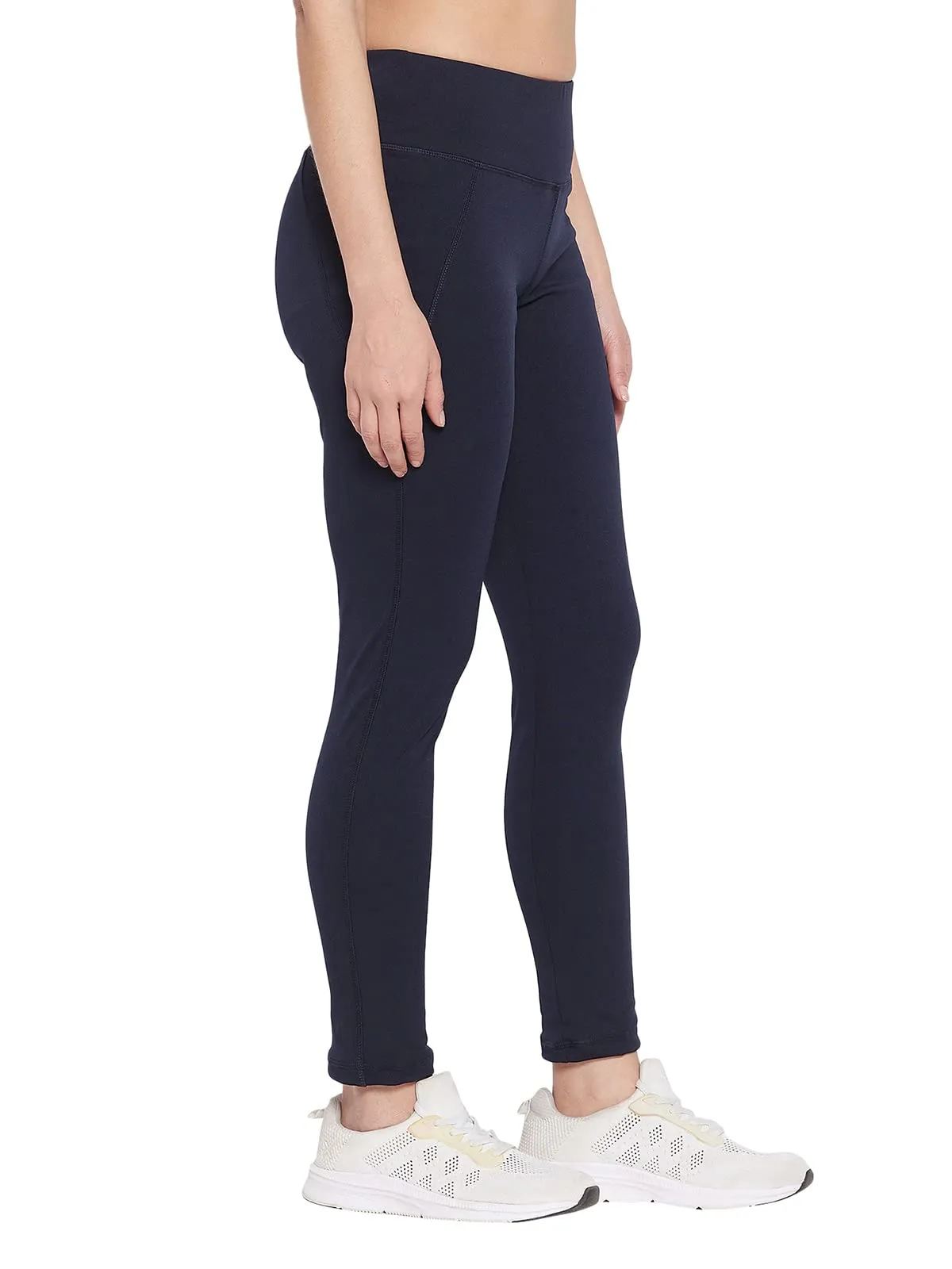 Clovia Women's Snug Fit Polyester Active Tights in Navy with Reflective Logo (AB0042K08_Blue_L)