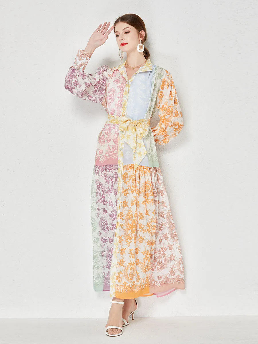 Color Block Long Sleeves Floral Printed Maxi Boho Dress