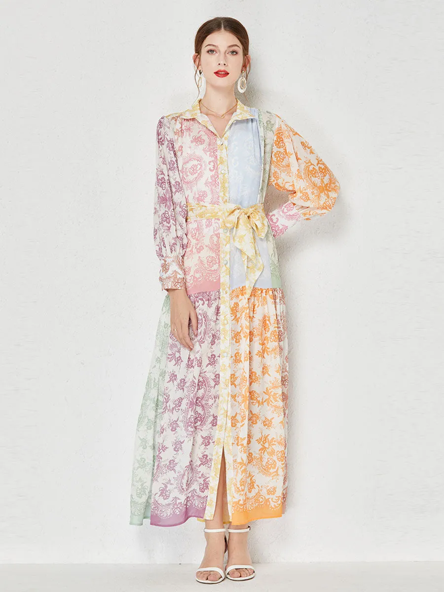 Color Block Long Sleeves Floral Printed Maxi Boho Dress