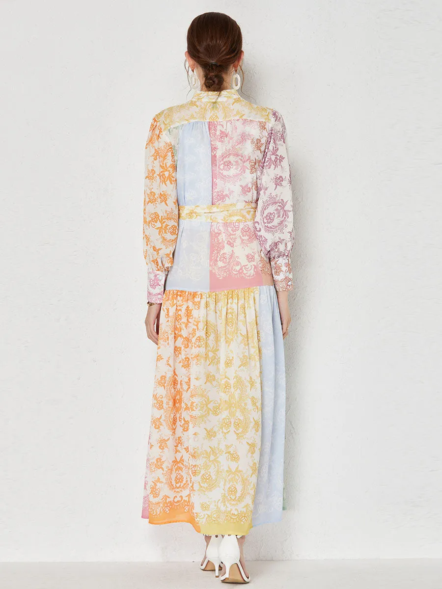 Color Block Long Sleeves Floral Printed Maxi Boho Dress