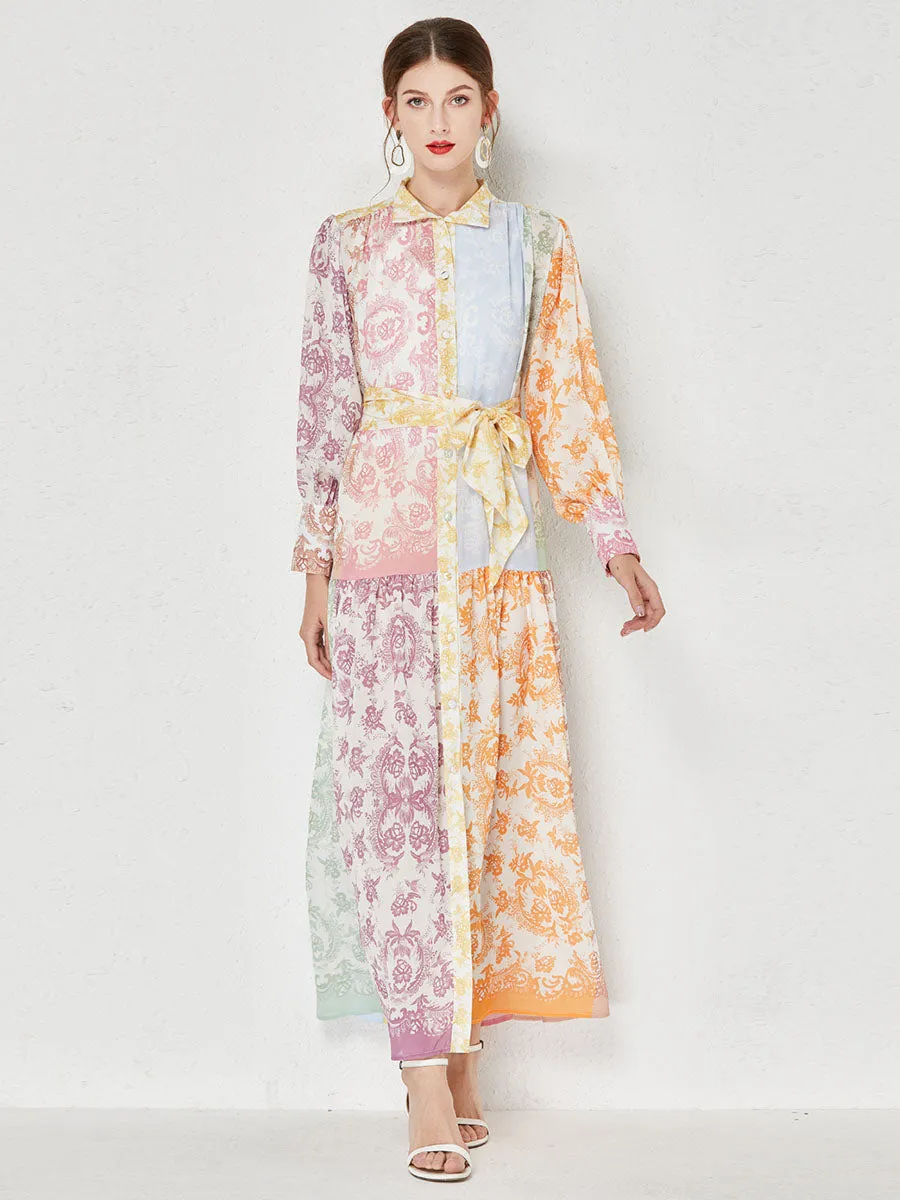 Color Block Long Sleeves Floral Printed Maxi Boho Dress