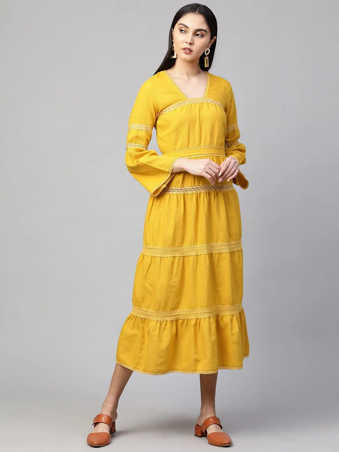 Cotton Textured Crochet Embroidered Maxi - Mustard