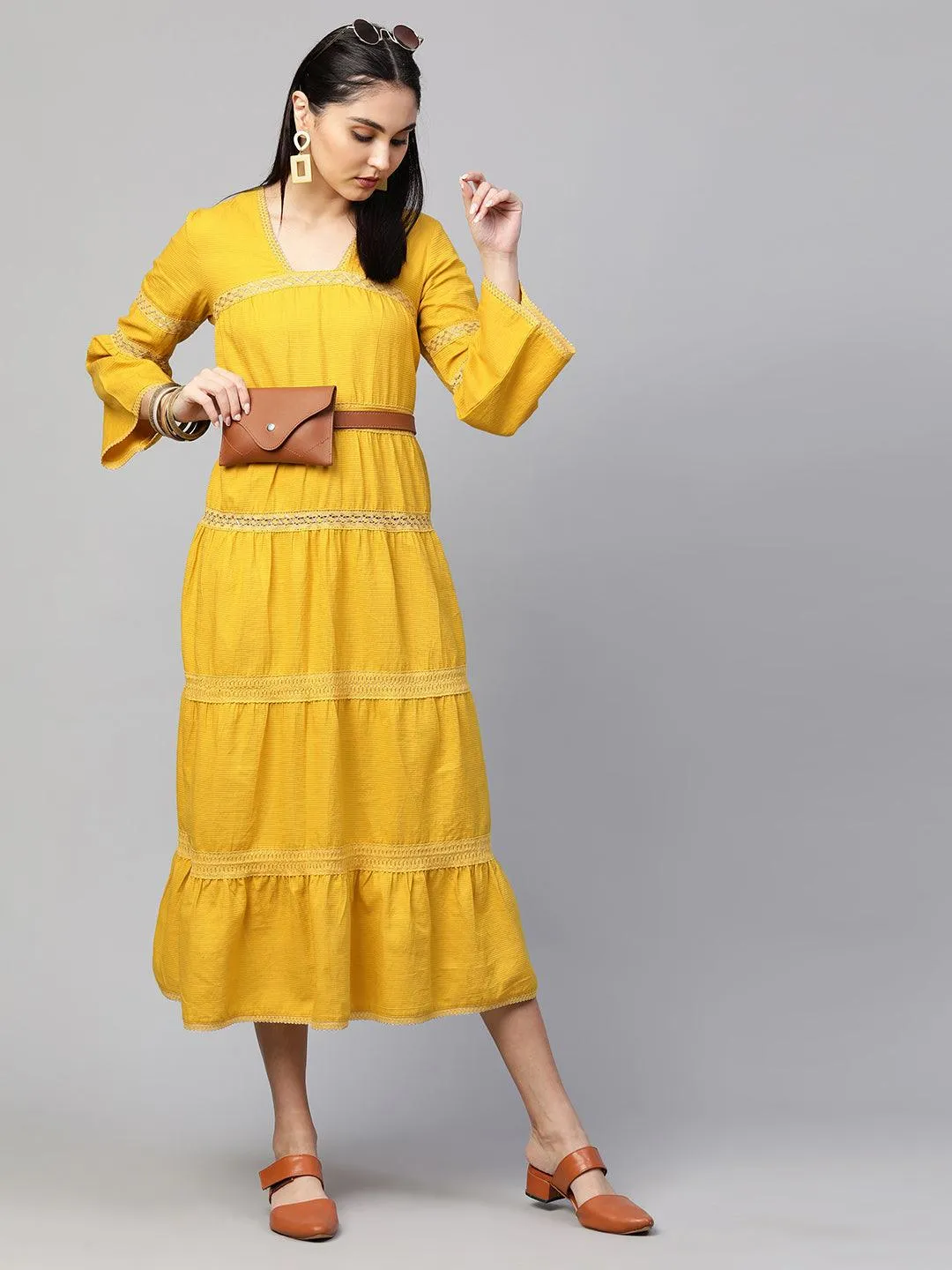 Cotton Textured Crochet Embroidered Maxi - Mustard