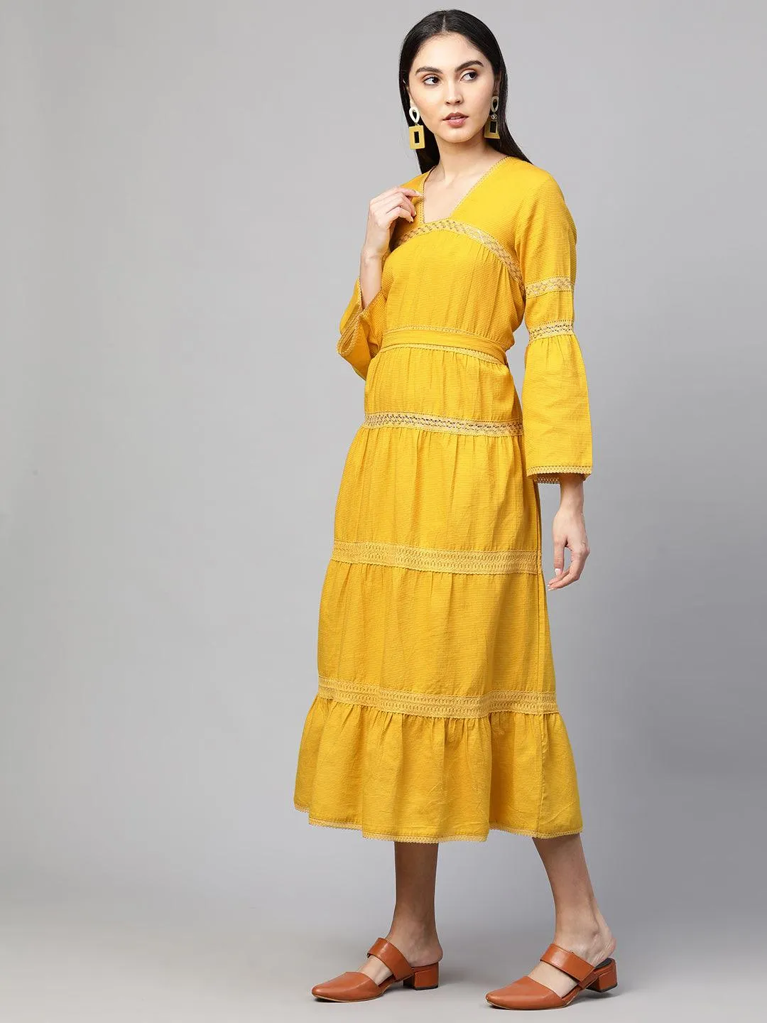 Cotton Textured Crochet Embroidered Maxi - Mustard