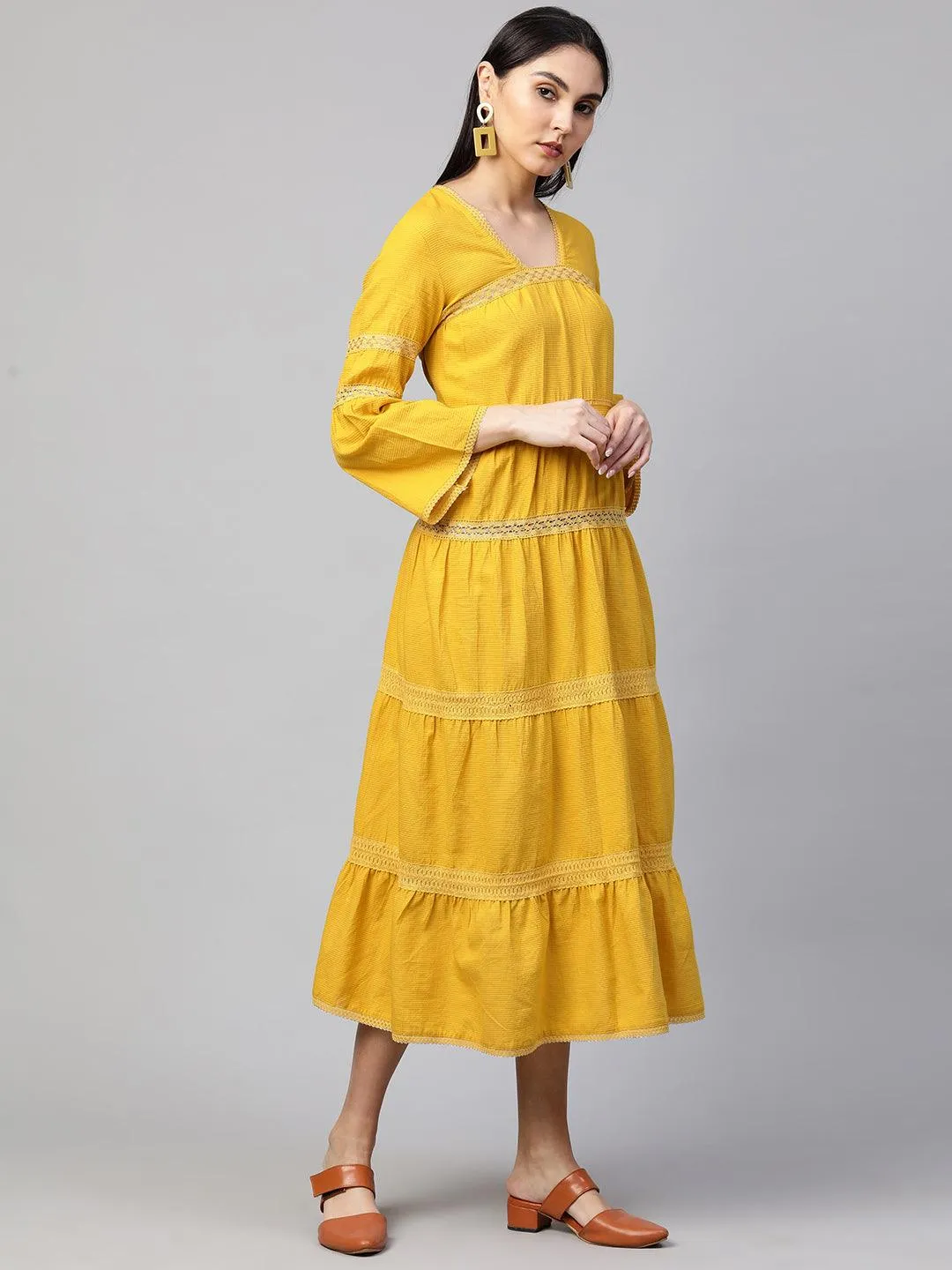 Cotton Textured Crochet Embroidered Maxi - Mustard