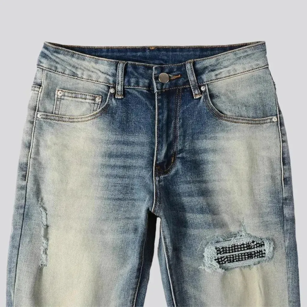 Crystal-patch men's vintage jeans