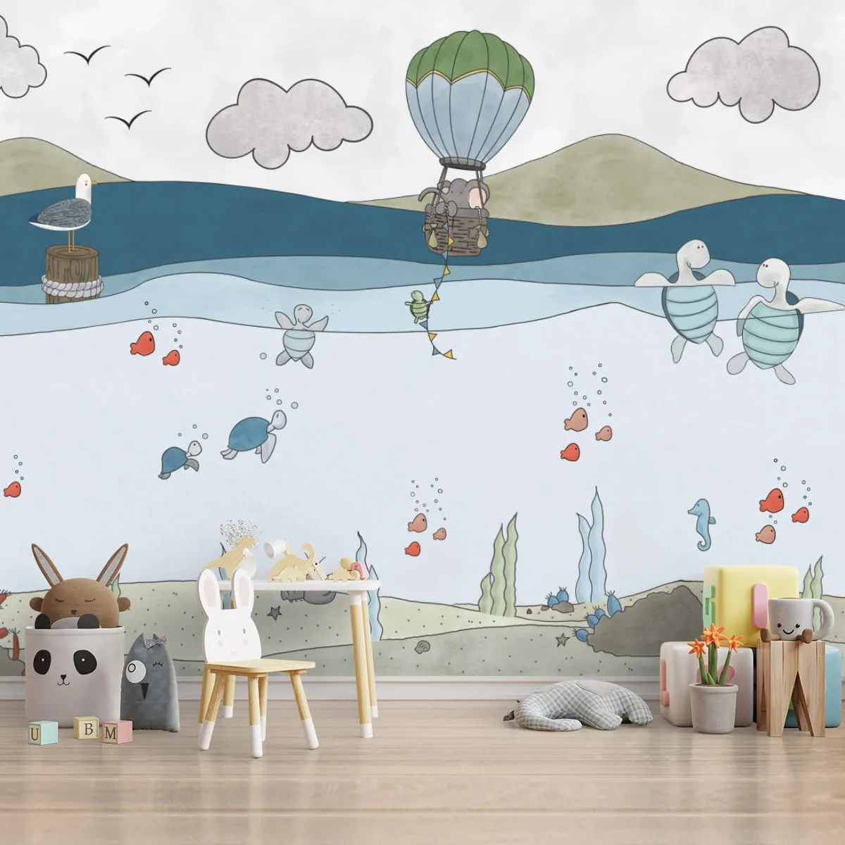 Cute Sea Animals Kids Room Wallpaper, Pastel Water Color Effects, Customised