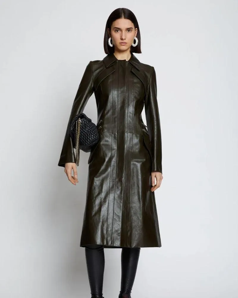 Dark Green Slim Fit Leather Long Trench Coat