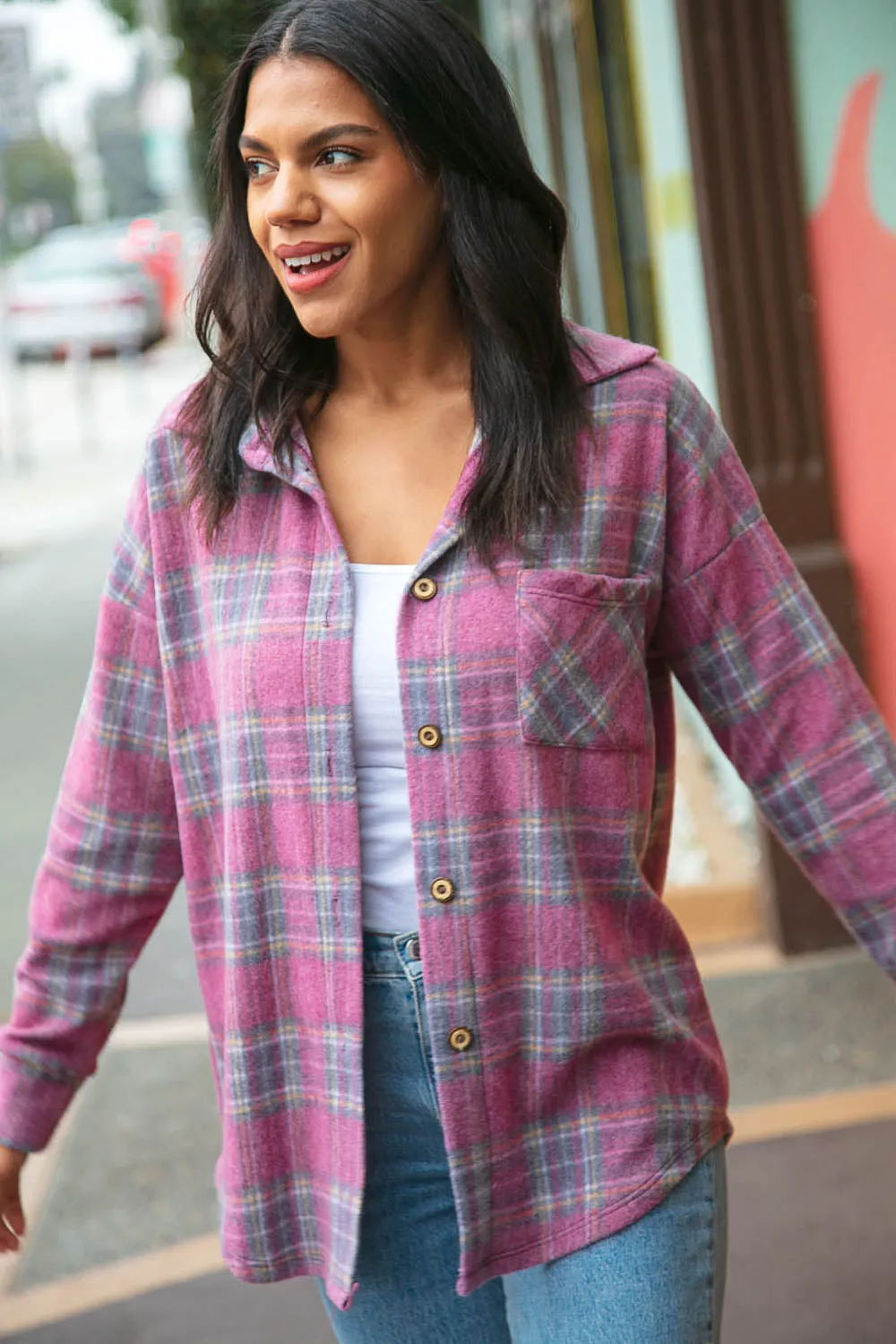 Dark Rose Brushed Hacci Plaid Button Down Jacket (dropship)