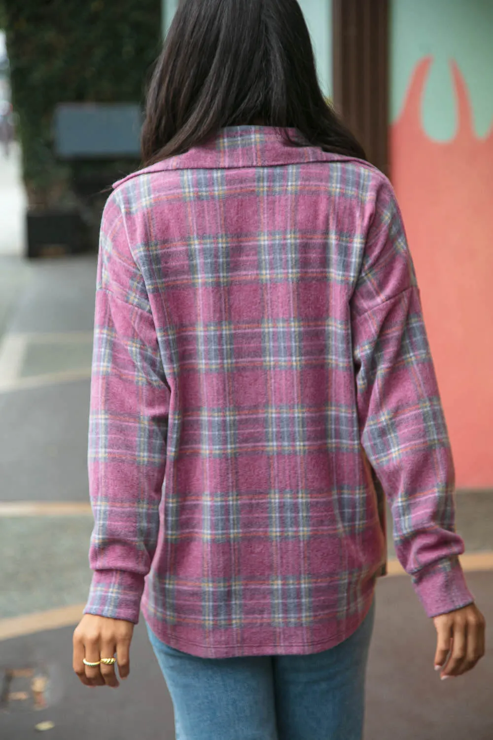 Dark Rose Brushed Hacci Plaid Button Down Jacket (dropship)