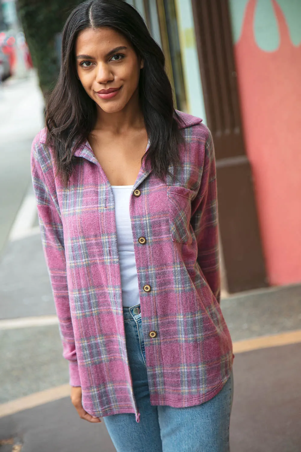 Dark Rose Brushed Hacci Plaid Button Down Jacket (dropship)