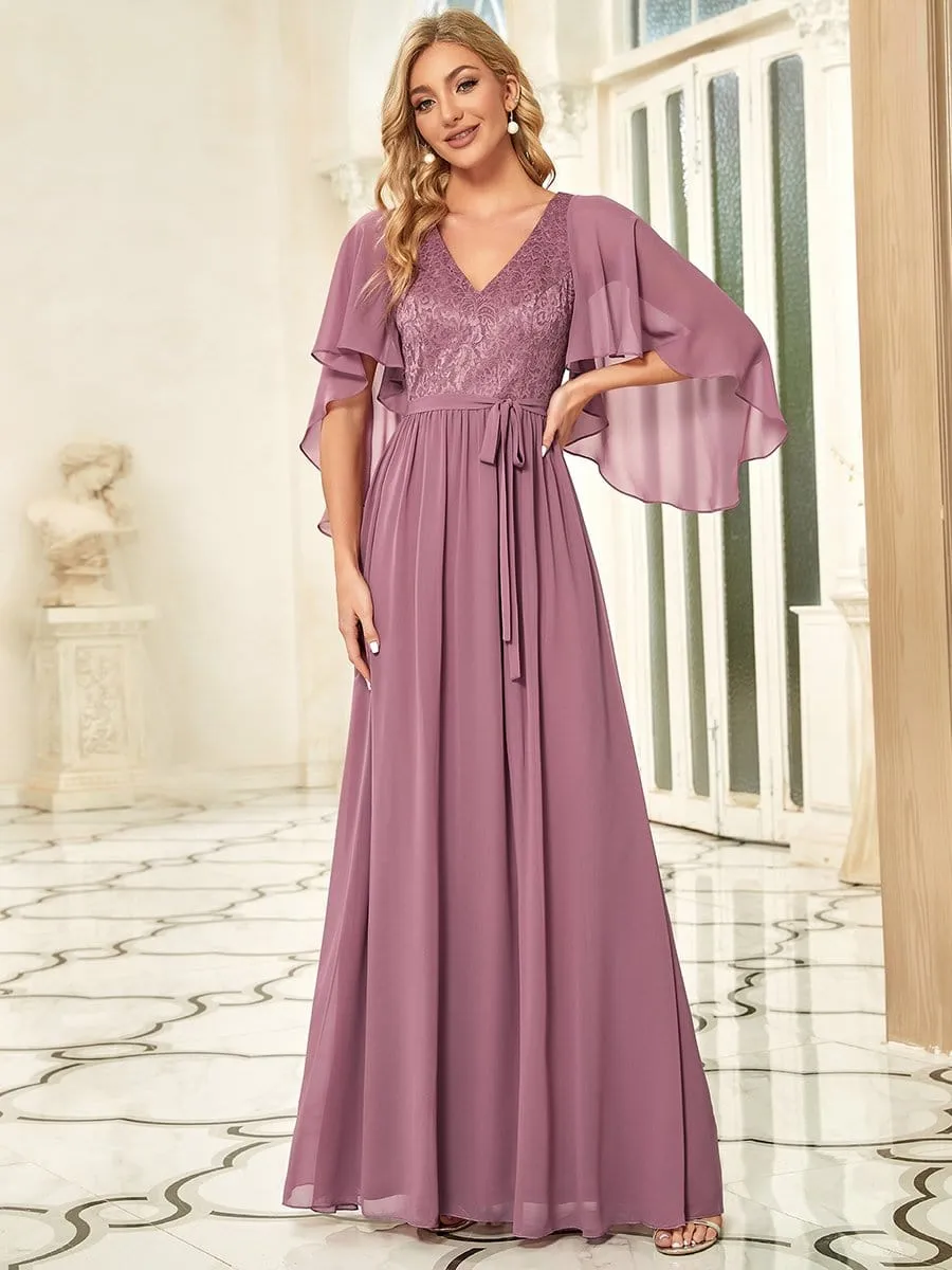 Deep V Neck Lace Bodice Long Flowy Evening Dress