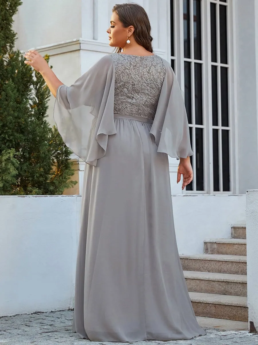 Deep V Neck Lace Bodice Long Flowy Evening Dress