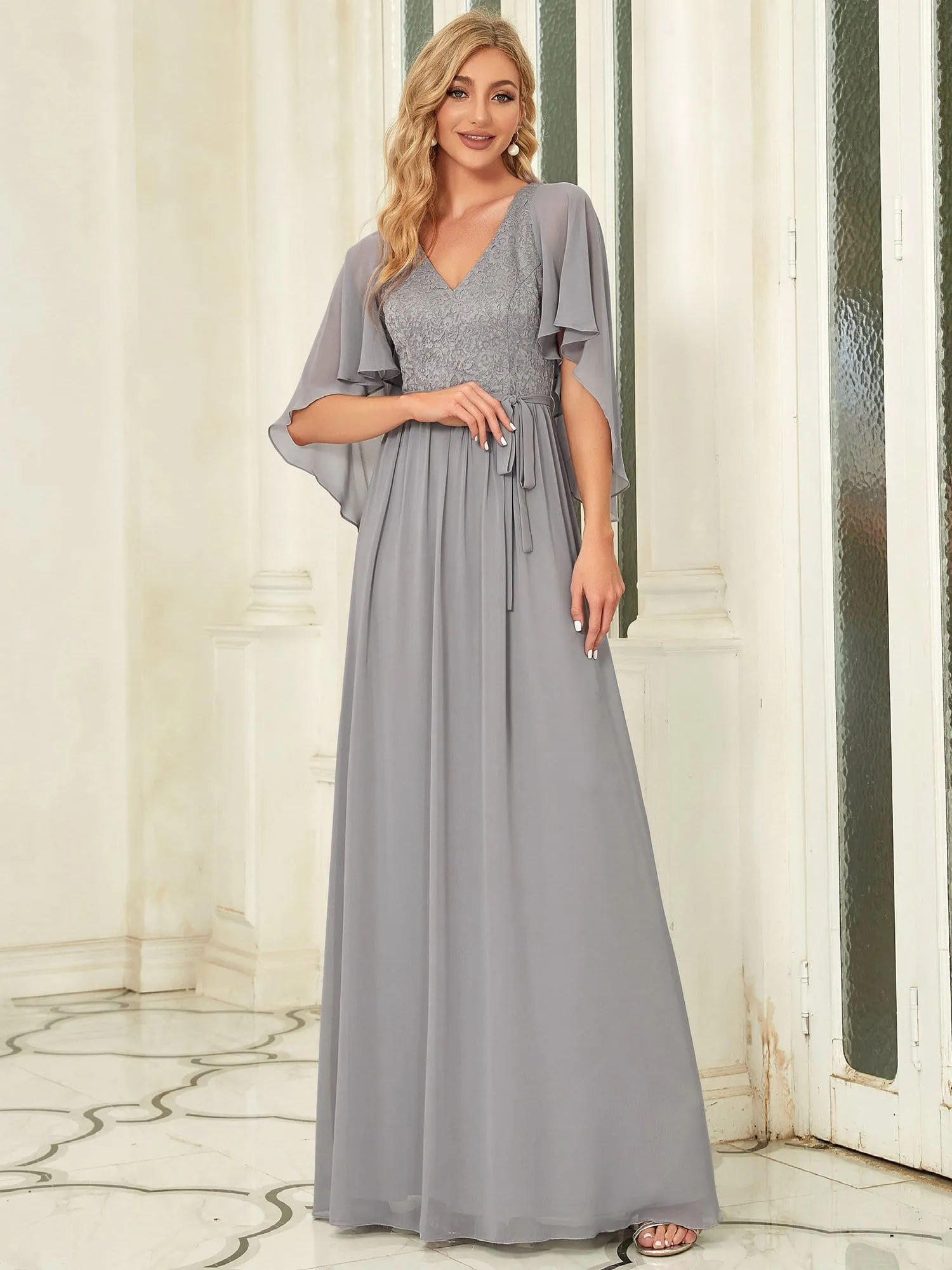 Deep V Neck Lace Bodice Long Flowy Evening Dress