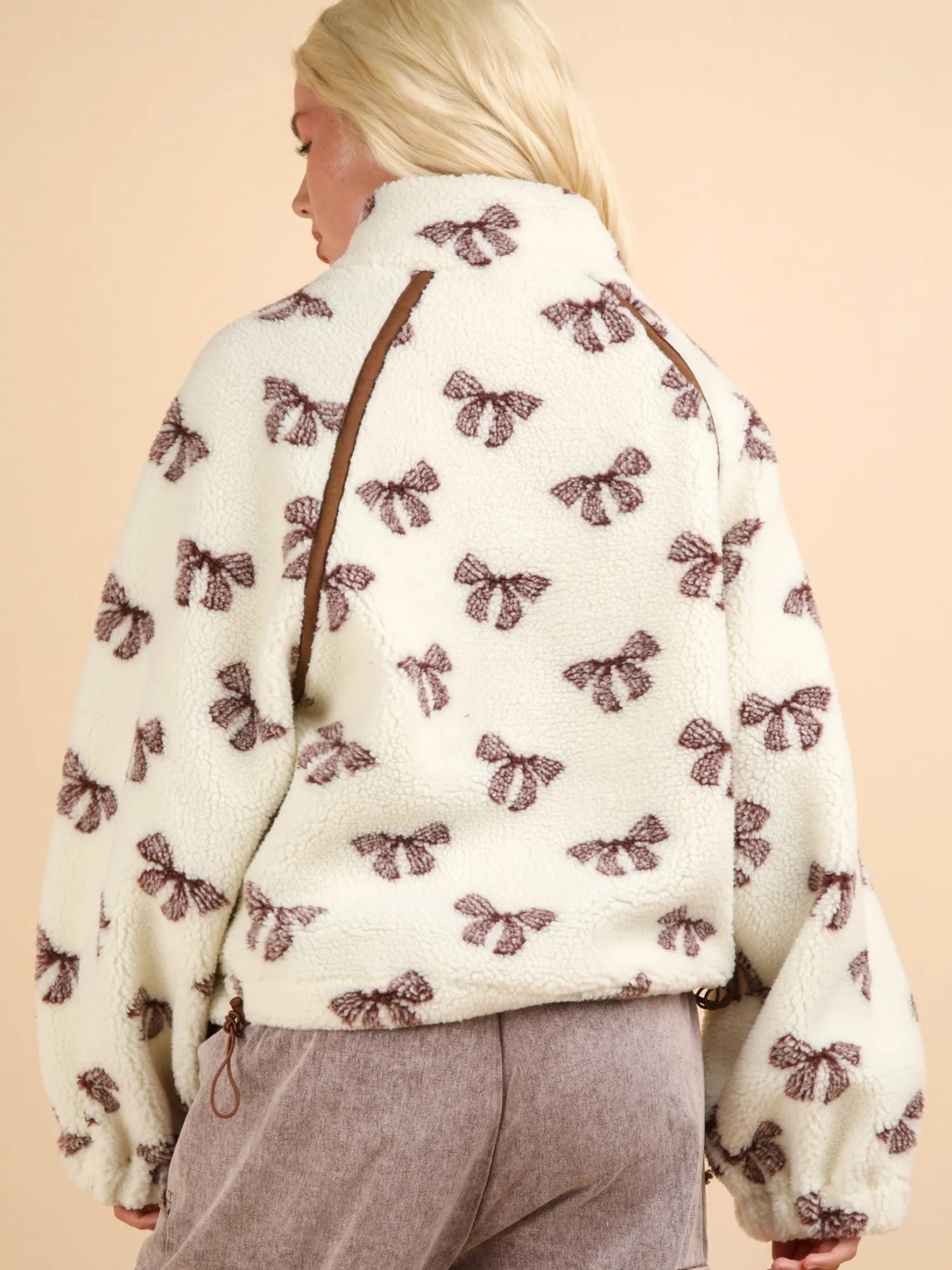 Delilah Bow Printed Quarter-Zip Fleece Jacket (Cream)