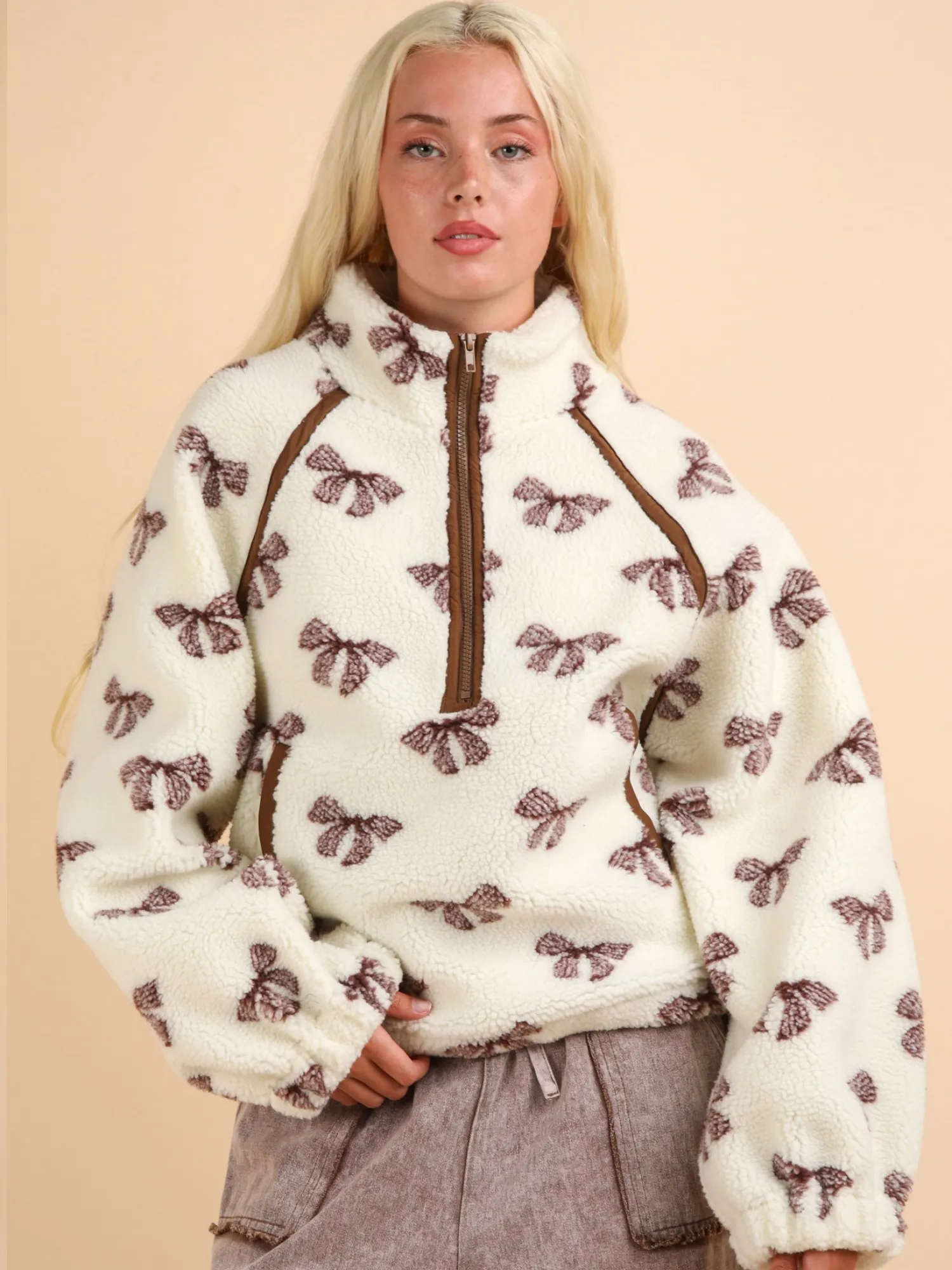 Delilah Bow Printed Quarter-Zip Fleece Jacket (Cream)