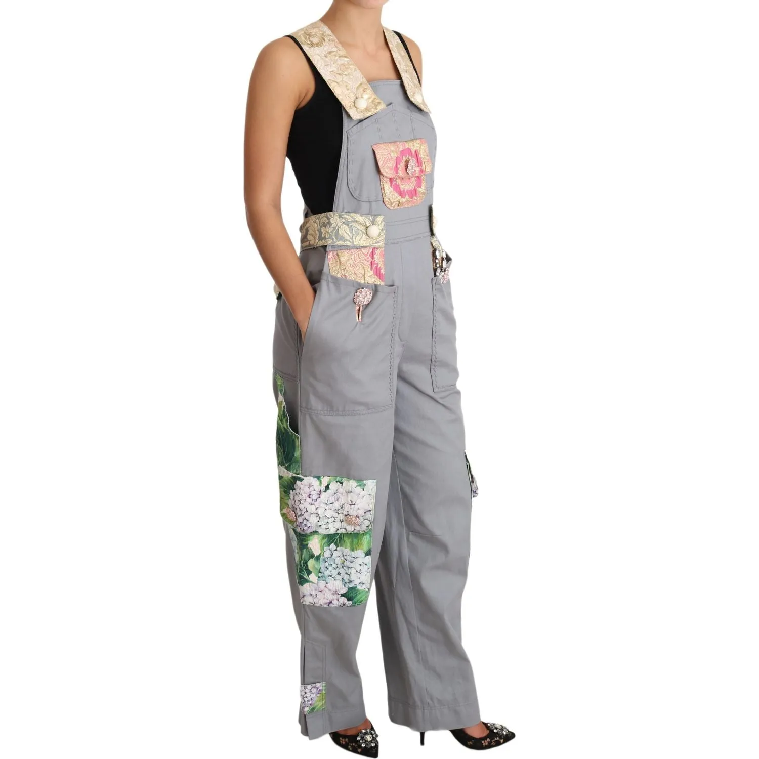 Dolce & Gabbana Exquisite Floral Embellished Denim Overalls