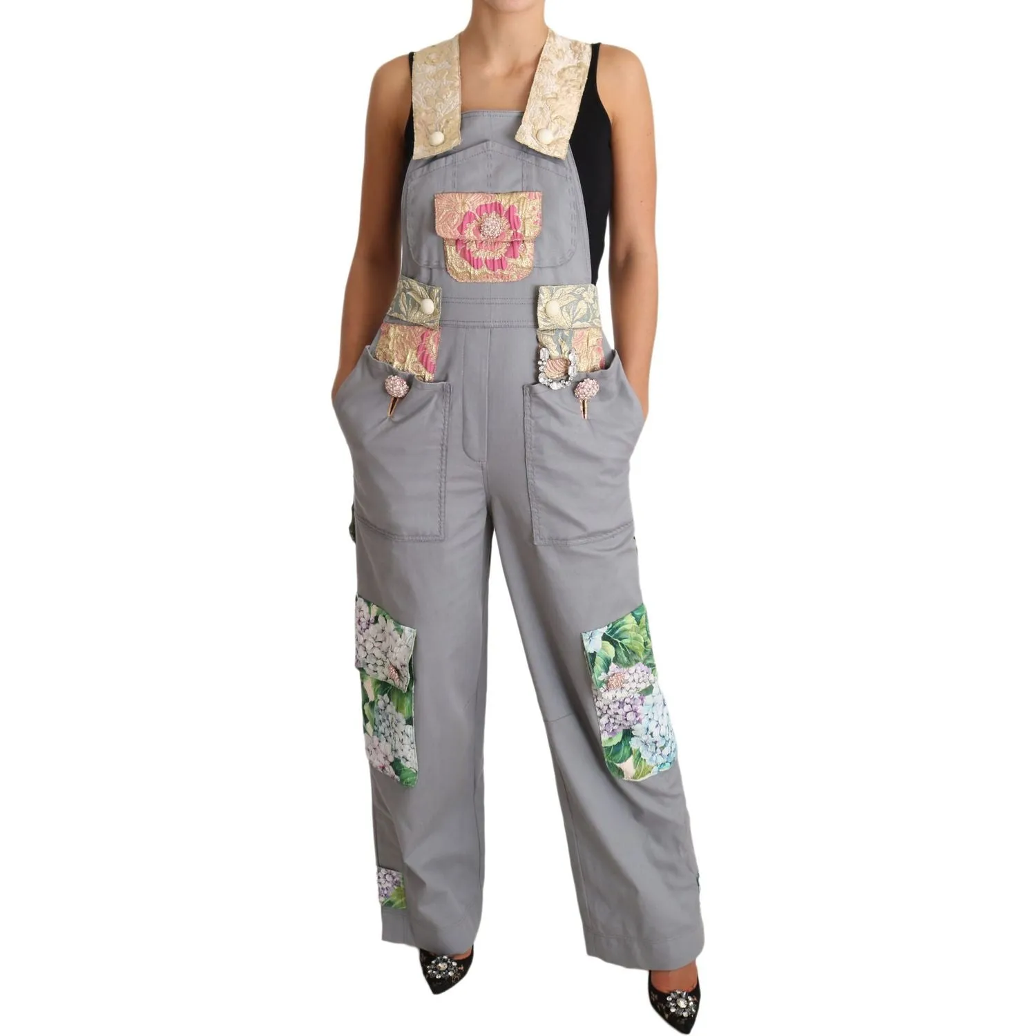 Dolce & Gabbana Exquisite Floral Embellished Denim Overalls