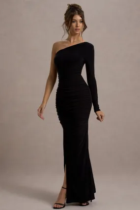 Doll | Black Asymmetric One Sleeve Ruched Maxi Dress