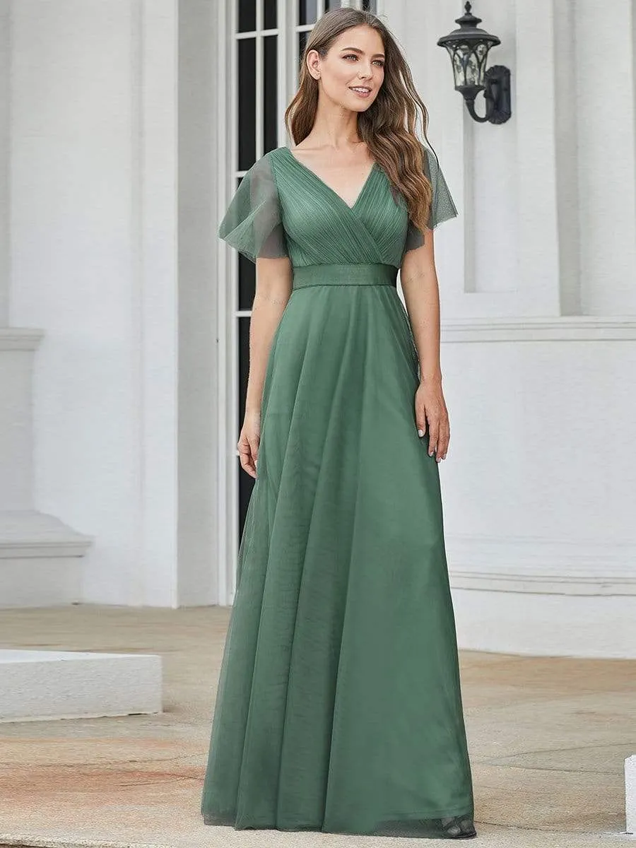 Double V-Neck Floor-Length Short Sleeve Tulle Bridesmaid Dresses