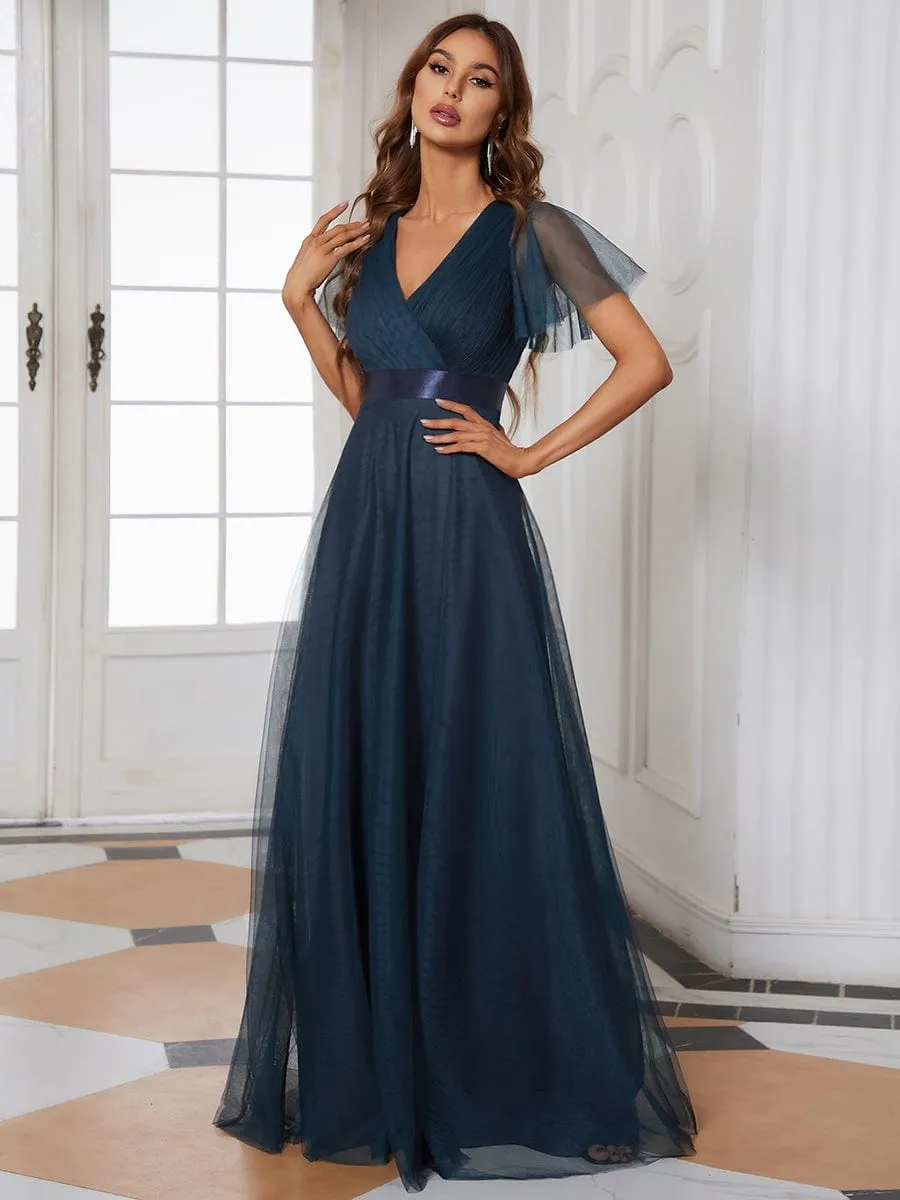 Double V-Neck Floor-Length Short Sleeve Tulle Bridesmaid Dresses