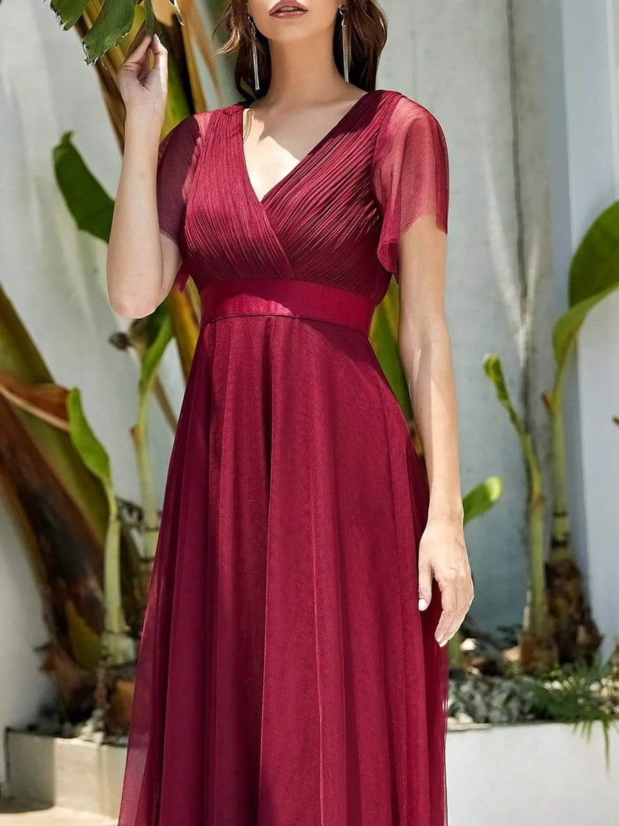 Double V-Neck Floor-Length Short Sleeve Tulle Bridesmaid Dresses