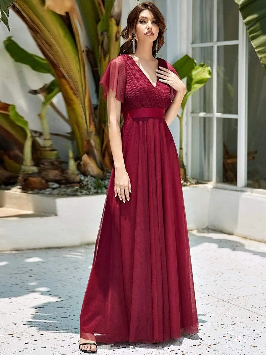 Double V-Neck Floor-Length Short Sleeve Tulle Bridesmaid Dresses