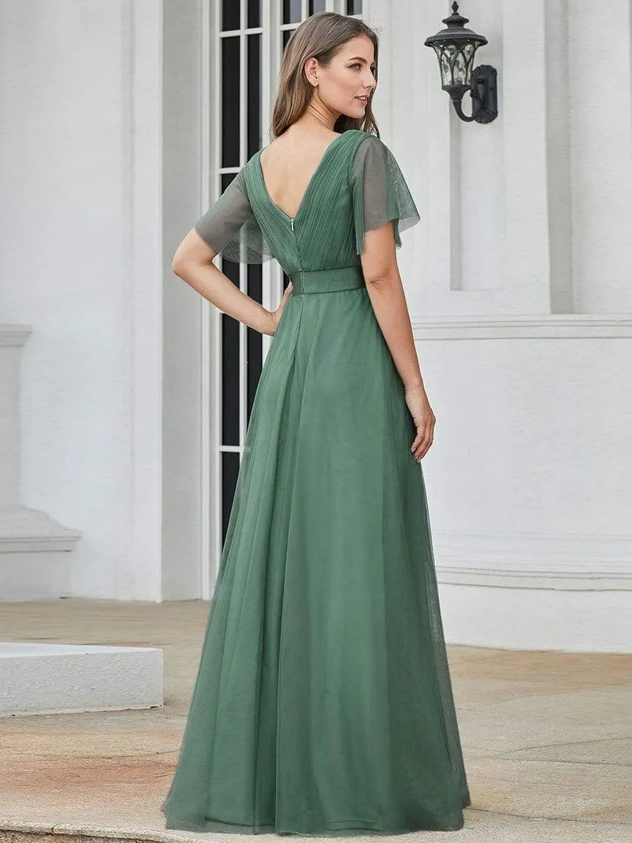 Double V-Neck Floor-Length Short Sleeve Tulle Bridesmaid Dresses