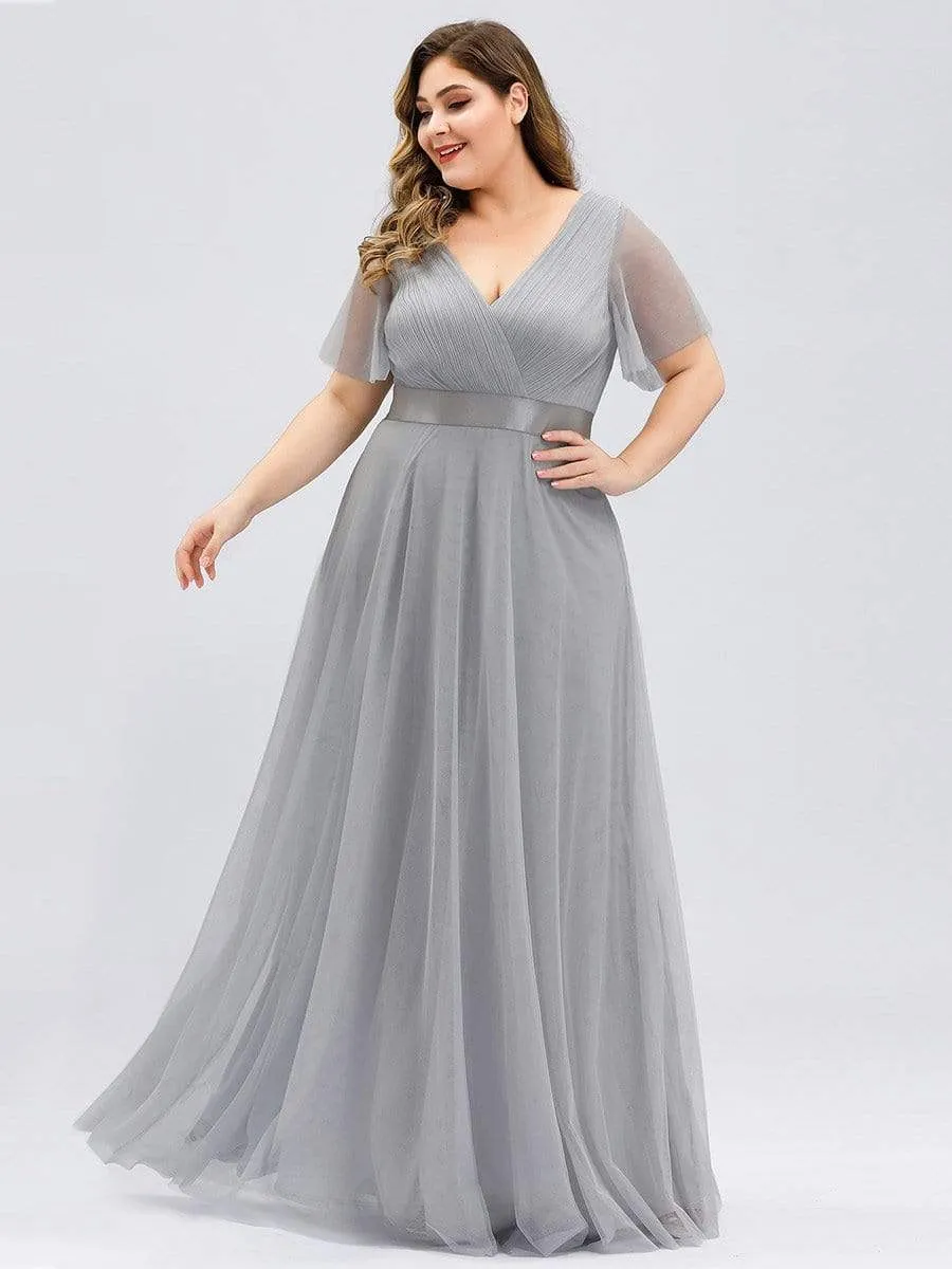 Double V-Neck Floor-Length Short Sleeve Tulle Bridesmaid Dresses