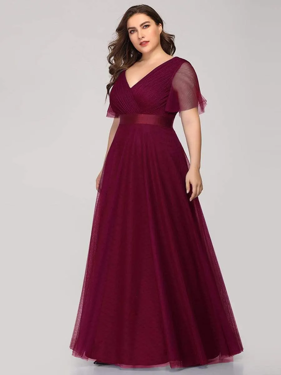 Double V-Neck Floor-Length Short Sleeve Tulle Bridesmaid Dresses