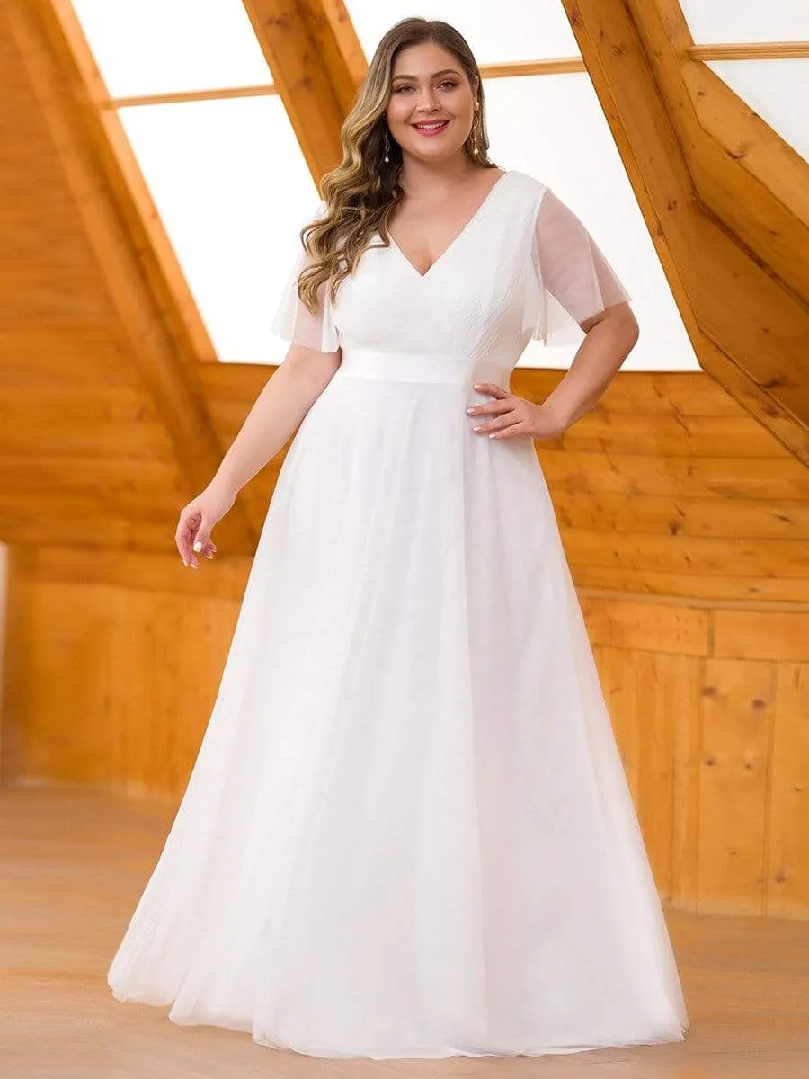 Double V-Neck Floor-Length Short Sleeve Tulle Bridesmaid Dresses