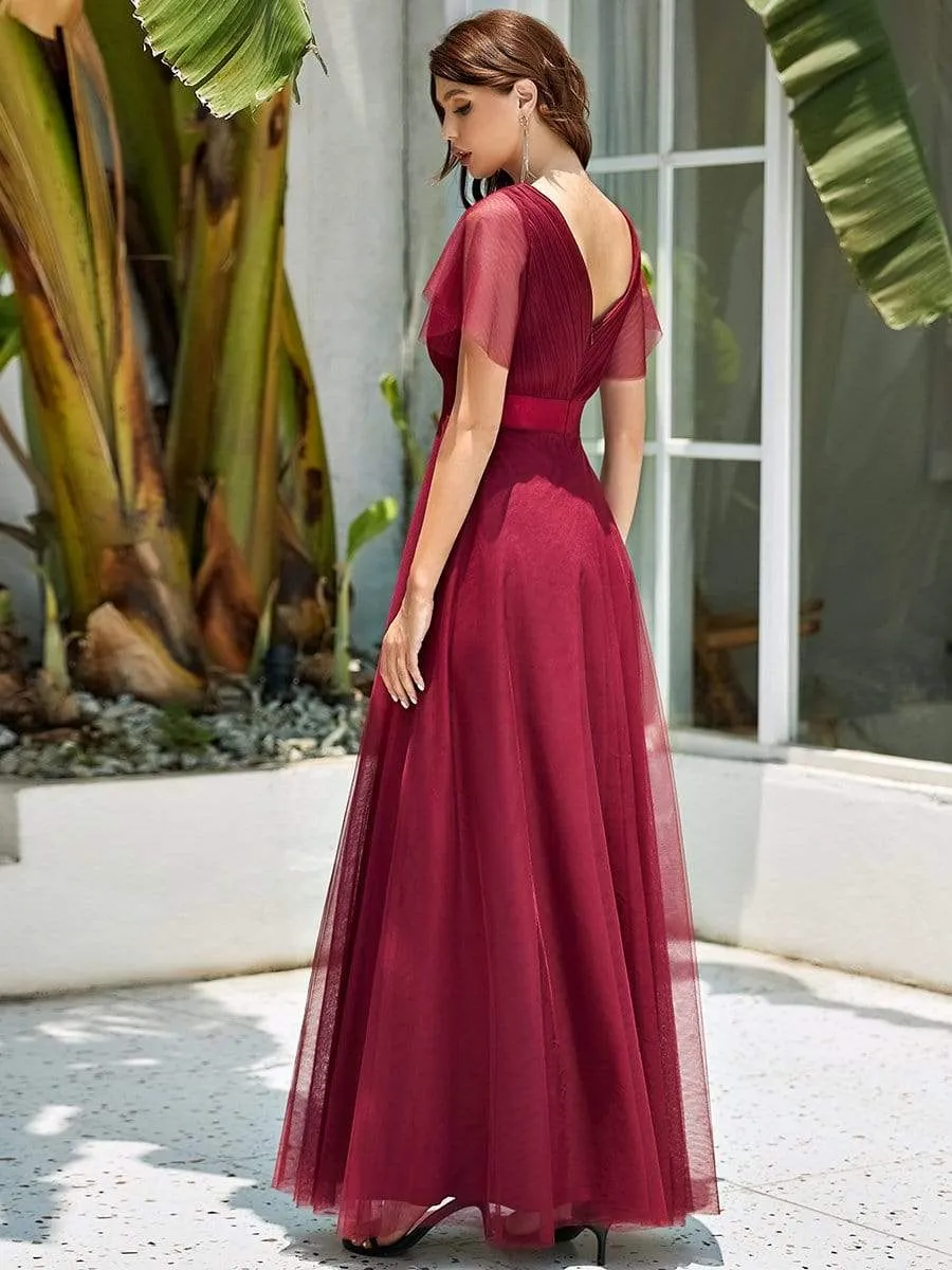 Double V-Neck Floor-Length Short Sleeve Tulle Bridesmaid Dresses