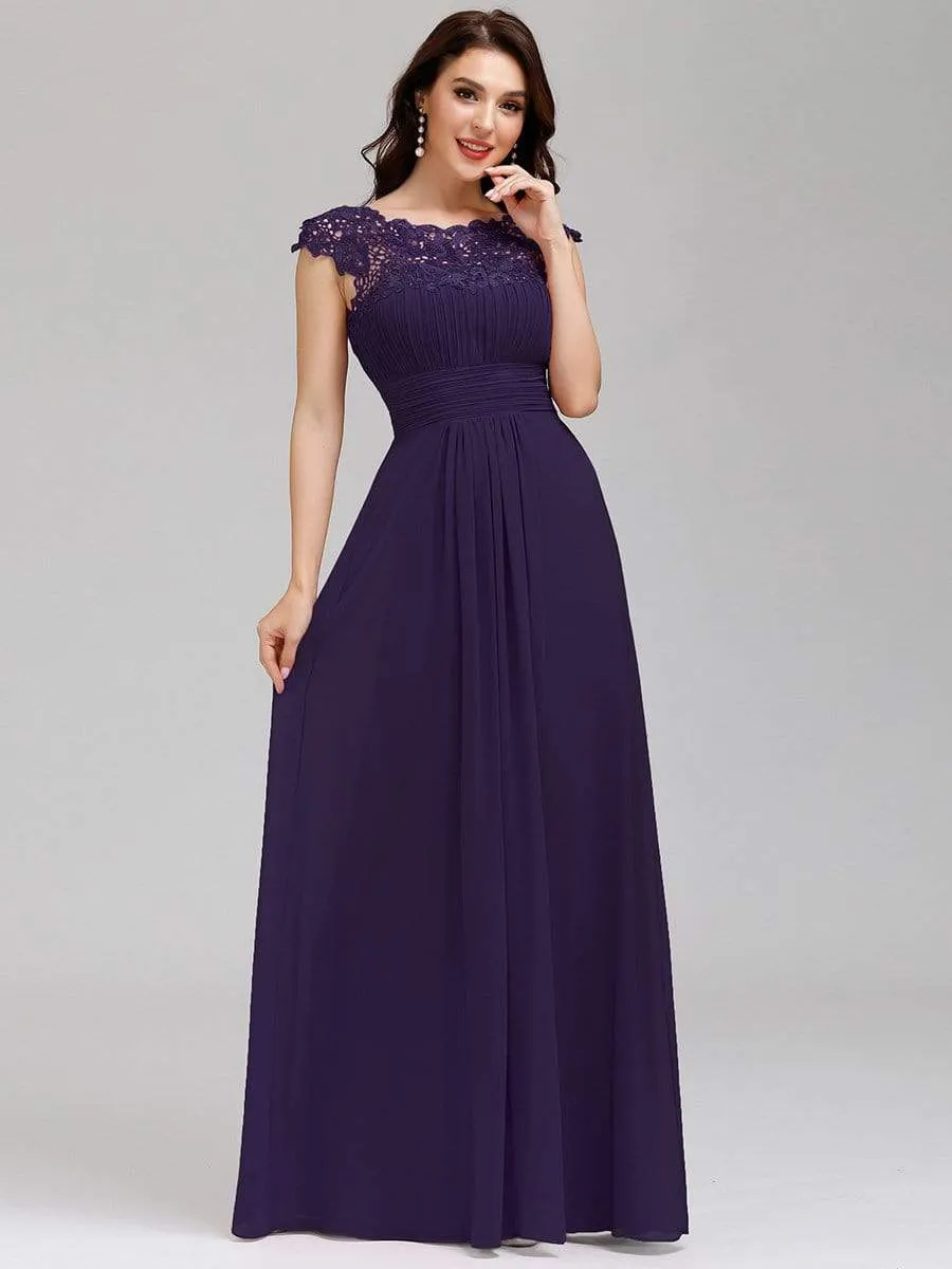 Elegant Lace Cap Sleeve Maxi Long Chiffon Bridesmaid Dress