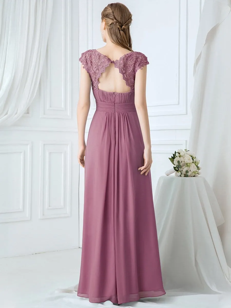 Elegant Lace Cap Sleeve Maxi Long Chiffon Bridesmaid Dress