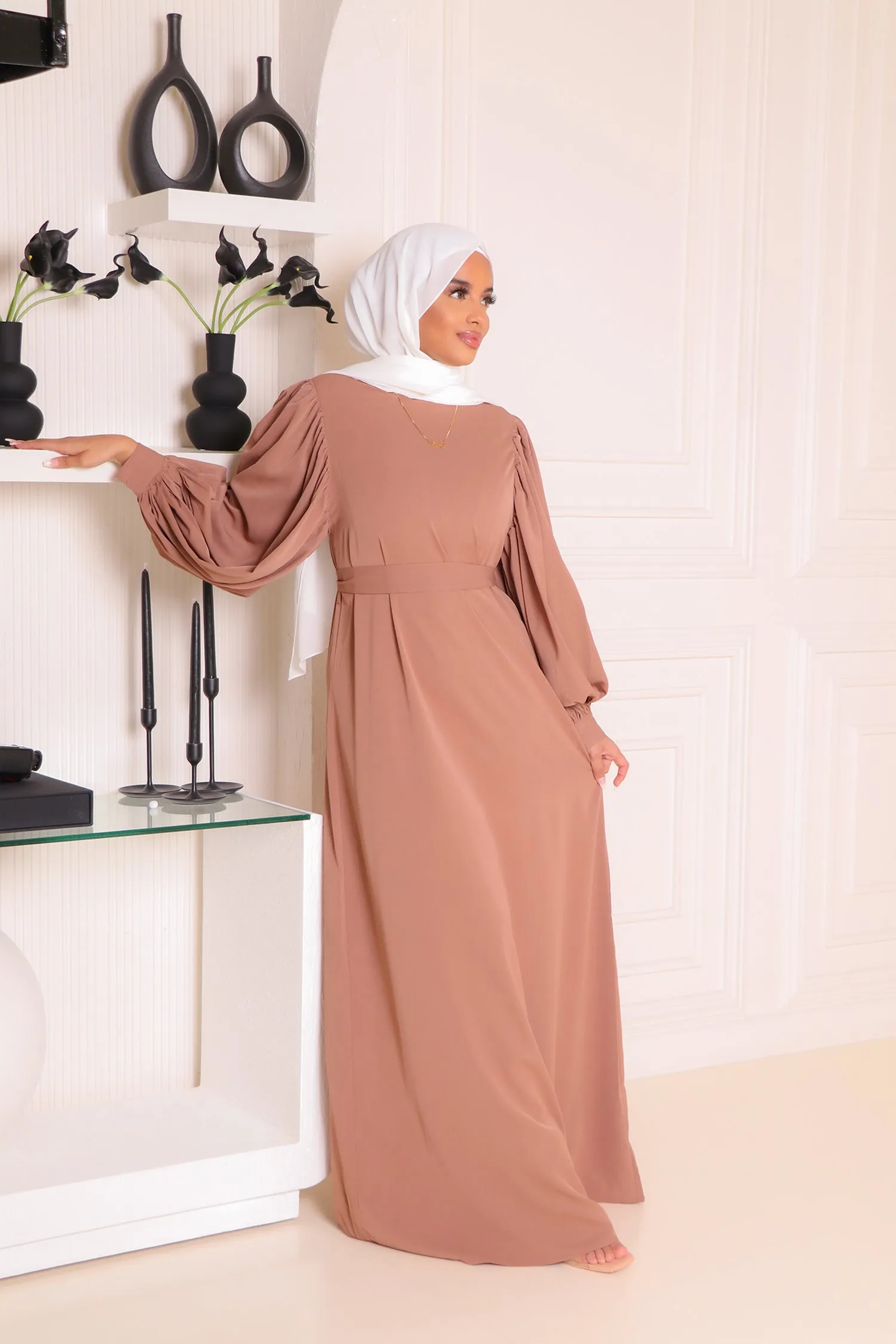 Elisa Soft Balloon Sleeve Dress- Tan