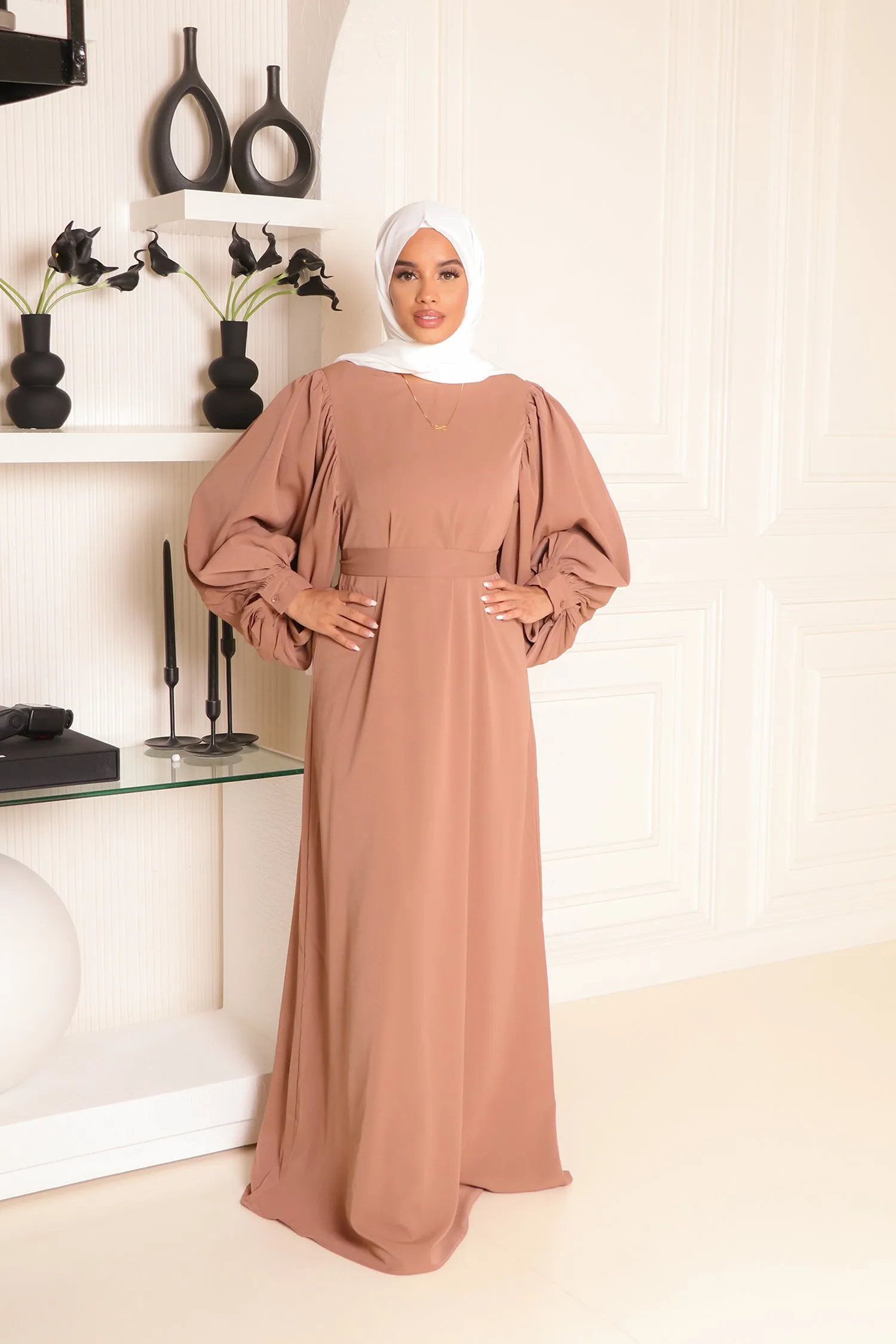 Elisa Soft Balloon Sleeve Dress- Tan