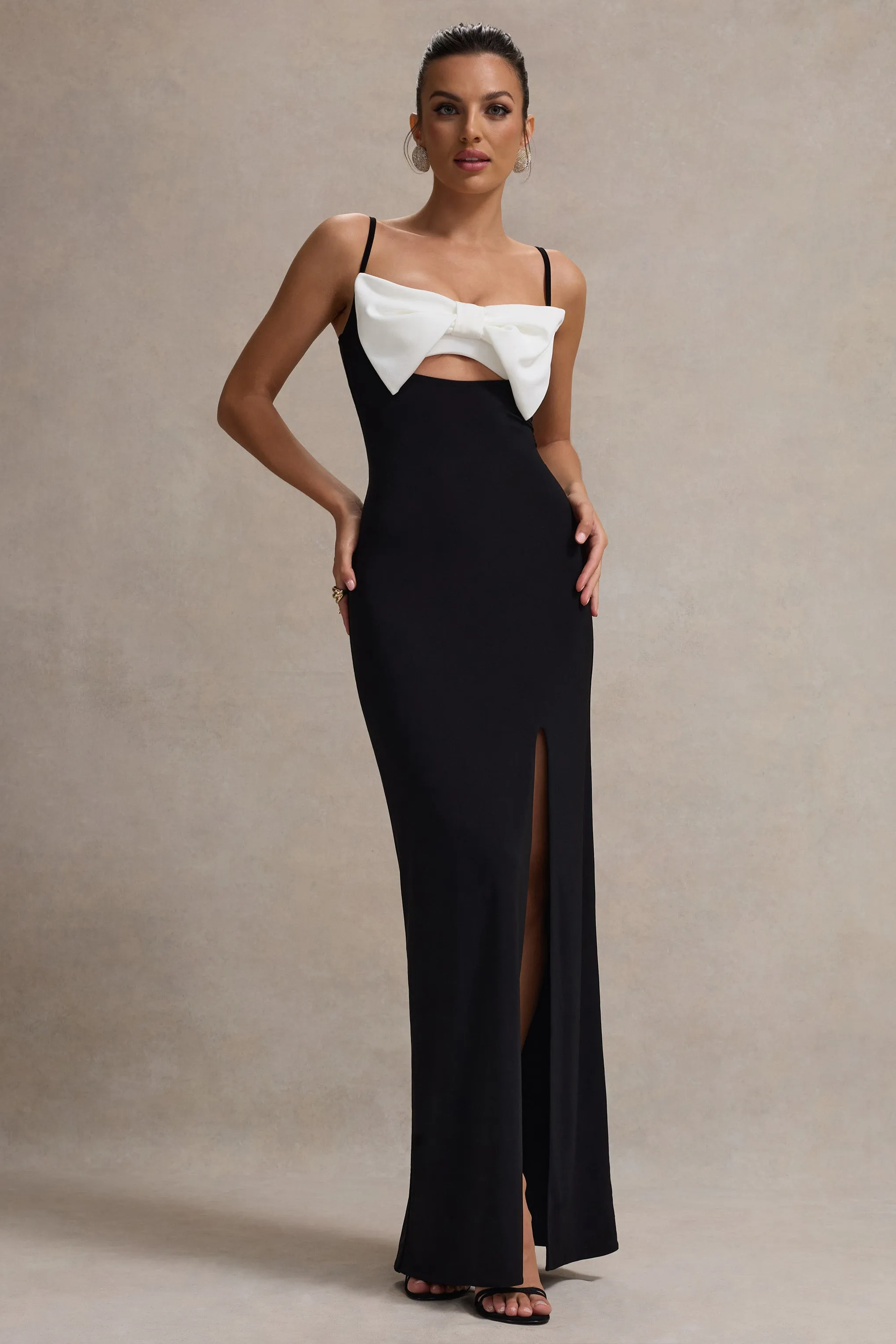 Emmalou | Black & White Strappy Split Maxi Dress With Bow