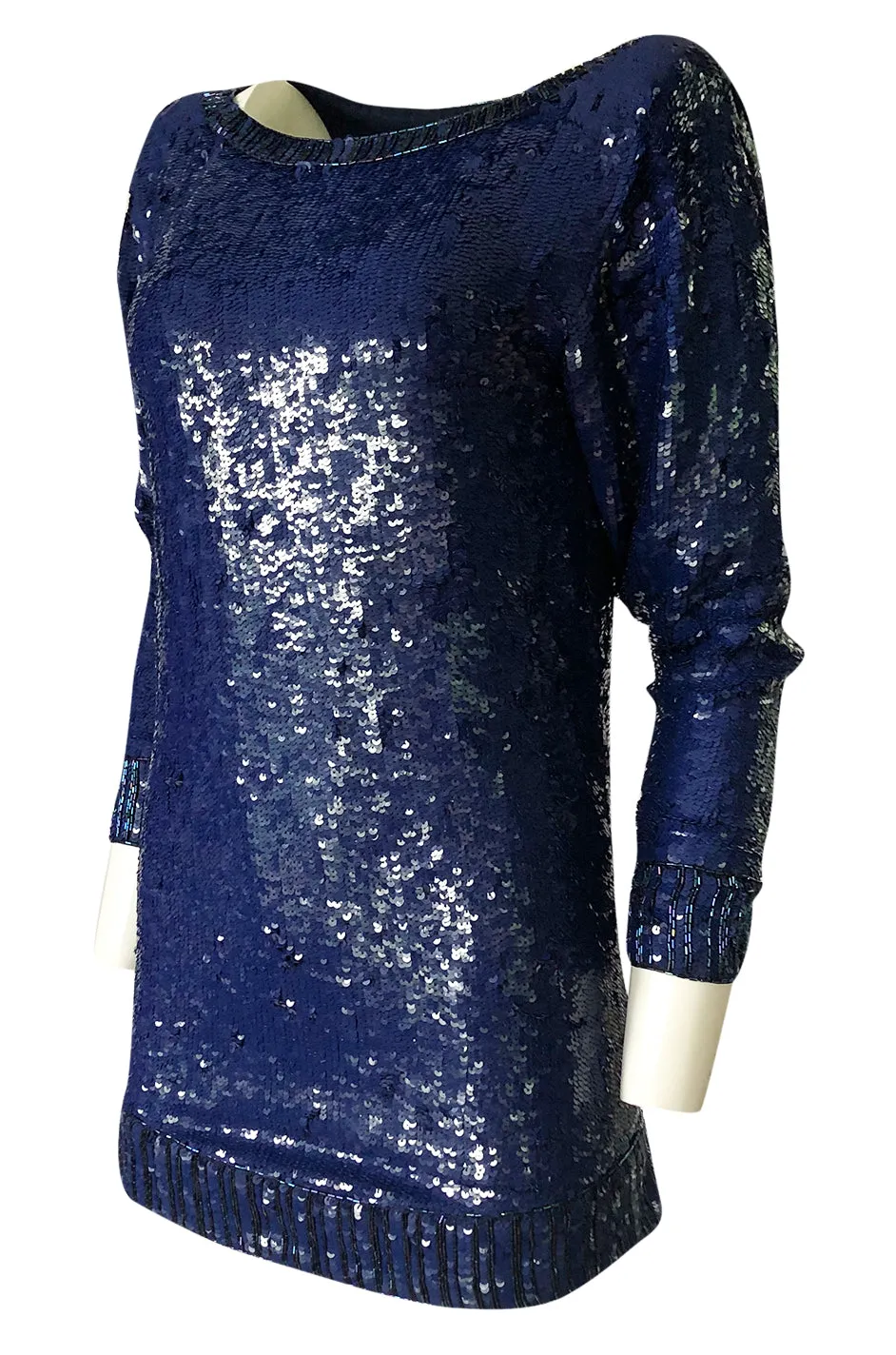 Fall 1985 Yves Saint Laurent Densely Covered Blue Sequin Micro Mini or Tunic