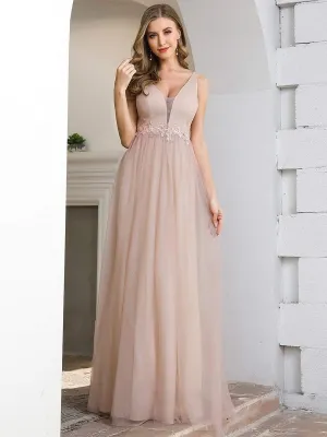 Fashion V Neckline Applique Tulle Maxi Bridesmaid Dress