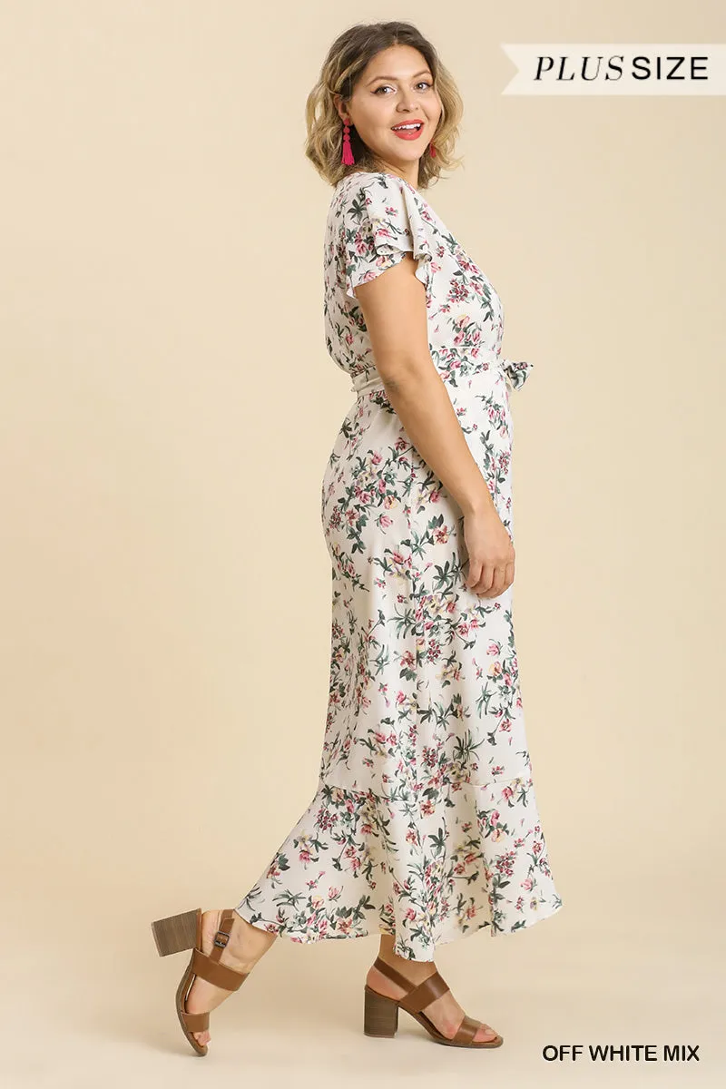 Floral Print Wrapped Short Ruffle Sleeve Maxi Dress With No Lining Voluptuous ( ) Plus Size - Ships from The USA