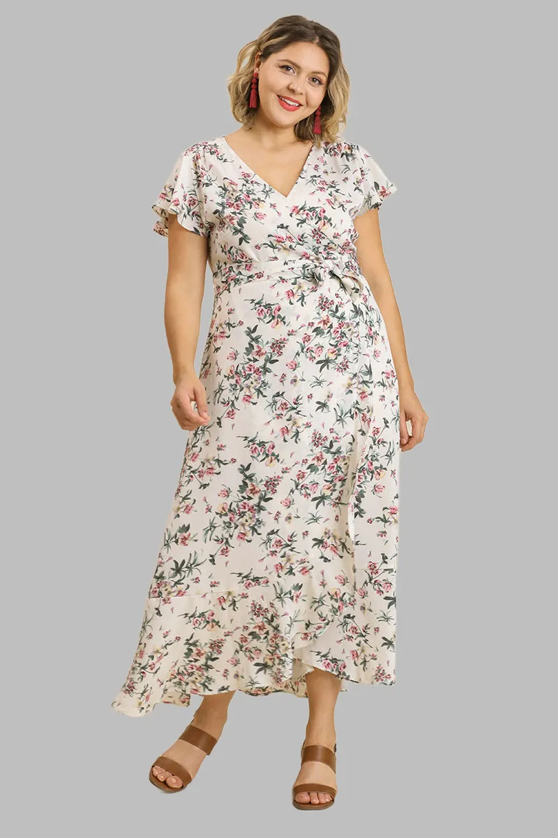 Floral Print Wrapped Short Ruffle Sleeve Maxi Dress With No Lining Voluptuous ( ) Plus Size - Ships from The USA