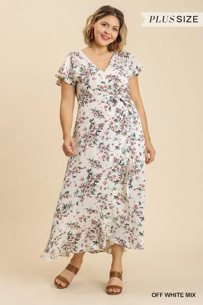 Floral Print Wrapped Short Ruffle Sleeve Maxi Dress With No Lining Voluptuous ( ) Plus Size - Ships from The USA