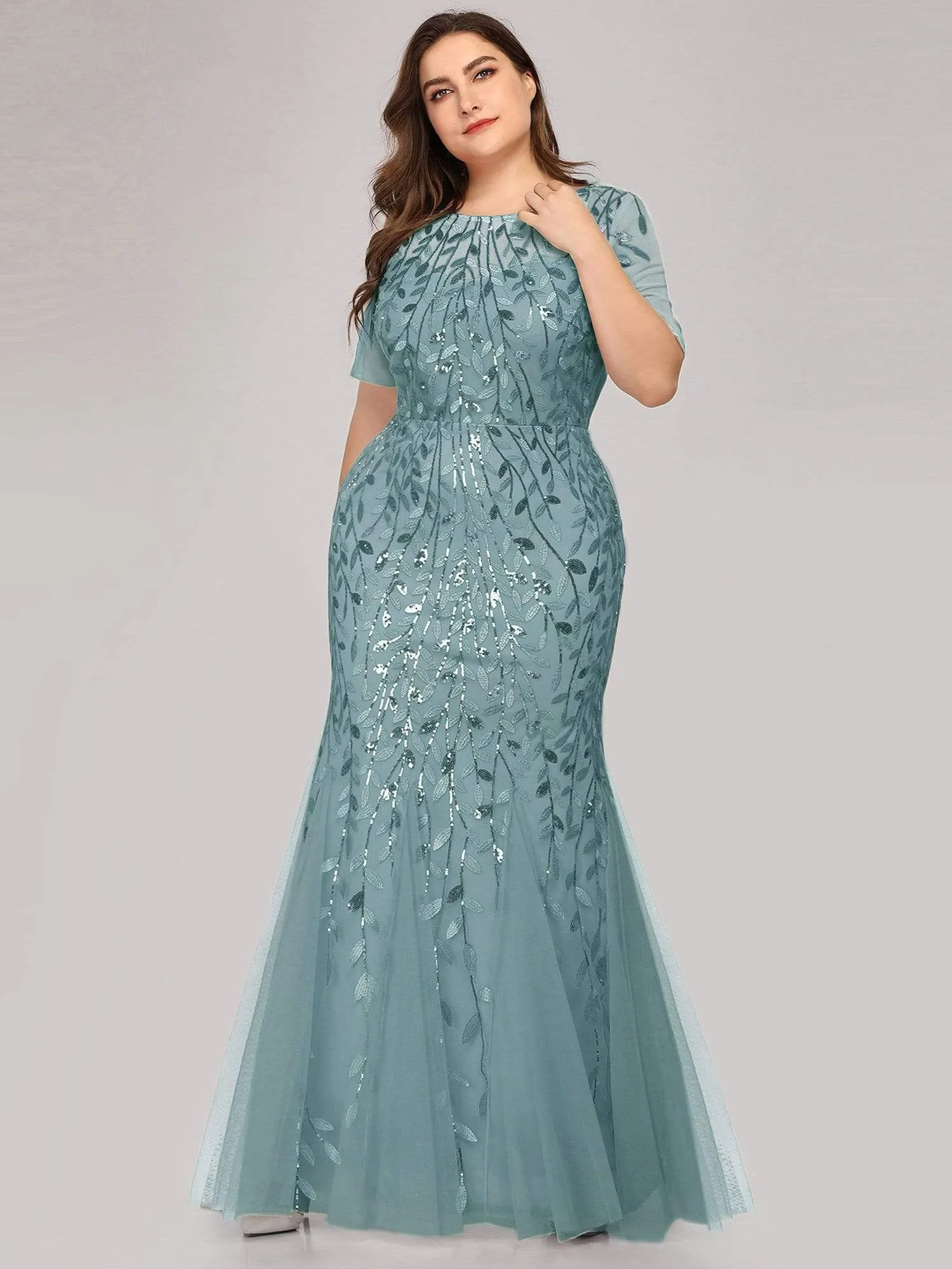 Floral Sequin Print Plus Size Mermaid Tulle Evening Dress