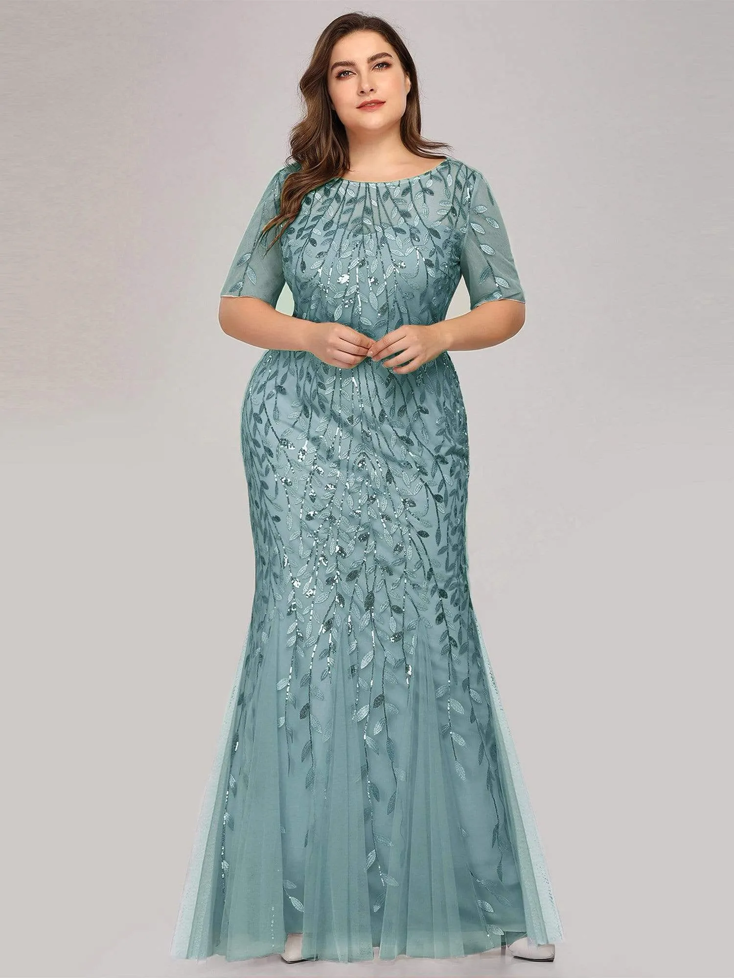 Floral Sequin Print Plus Size Mermaid Tulle Evening Dress